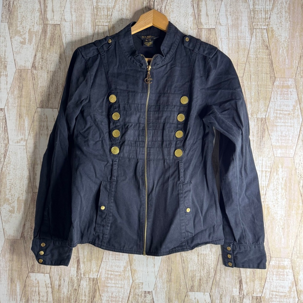 Vintage Rocawear Womens Black Military Style Jacket Gold Buttons Zip Up XL